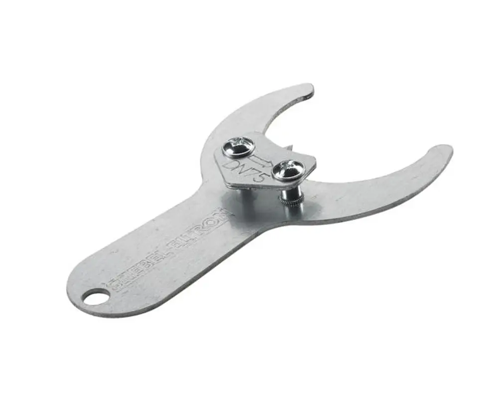Rohrschneider von Stiebel Eltron mit einem gebogenen, metalischen Griff und zwei Schrauben im oberen Bereich zur Einstellung der Schneidöffnung.